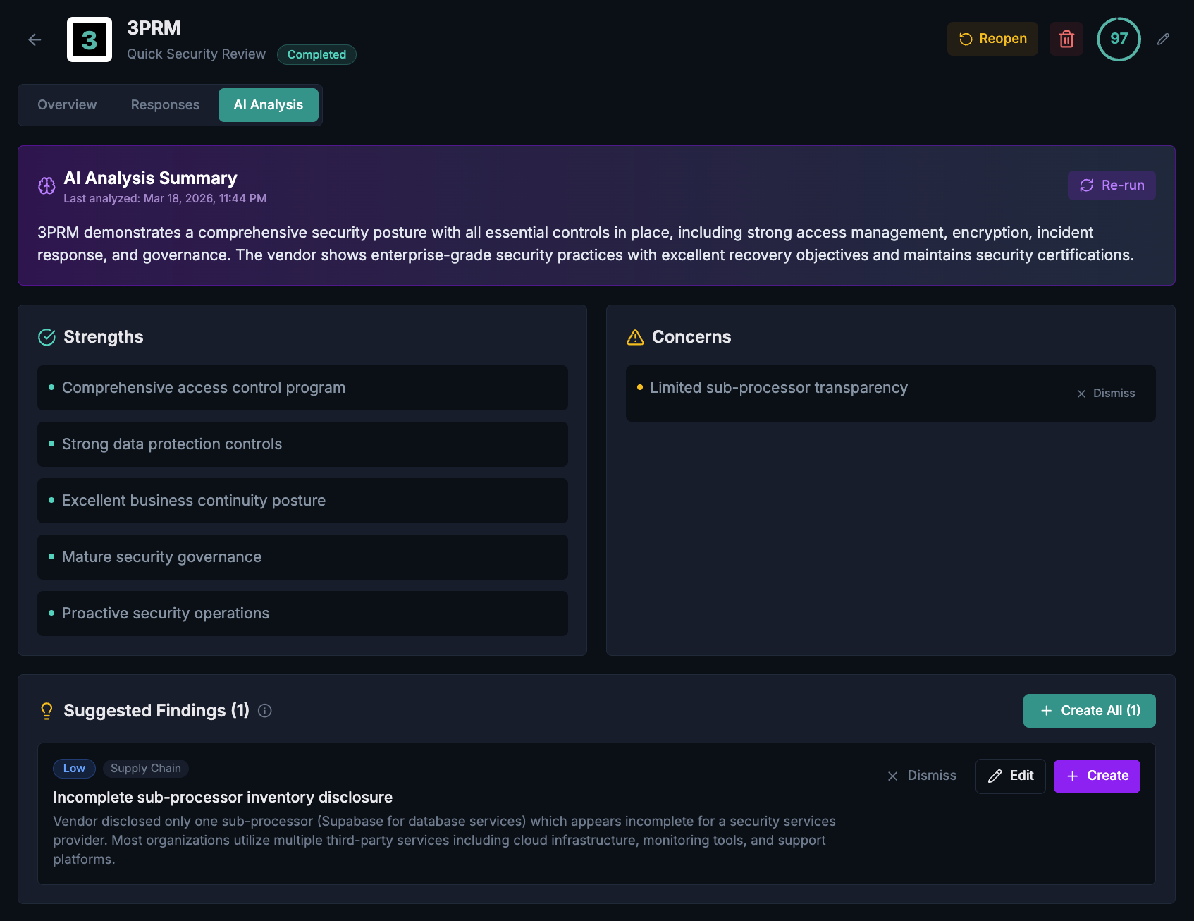 AI assessment analysis showing strengths, concerns, and recommendations
